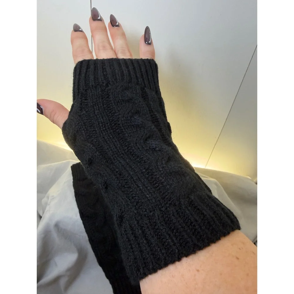 Black Cable Knit Fingerless Gloves Thumb Hole Arm Warmers Winter Mittens